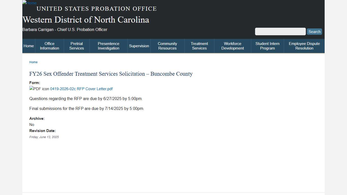FY26 Sex Offender Treatment Services Solicitation – Buncombe County Western District of North Carolina